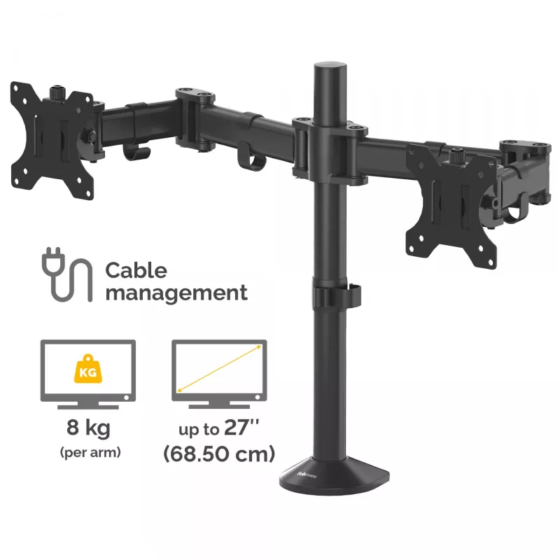 Fellowes Reflex Dual Monitor Arm - Dual Monitor Mount for 8KG 27 inch Screens - Adjustable Monitor Desk Mount - Tilt 45° Pan 180° Rotation 360°, VESA 75 x 75/100 x 100 - Black