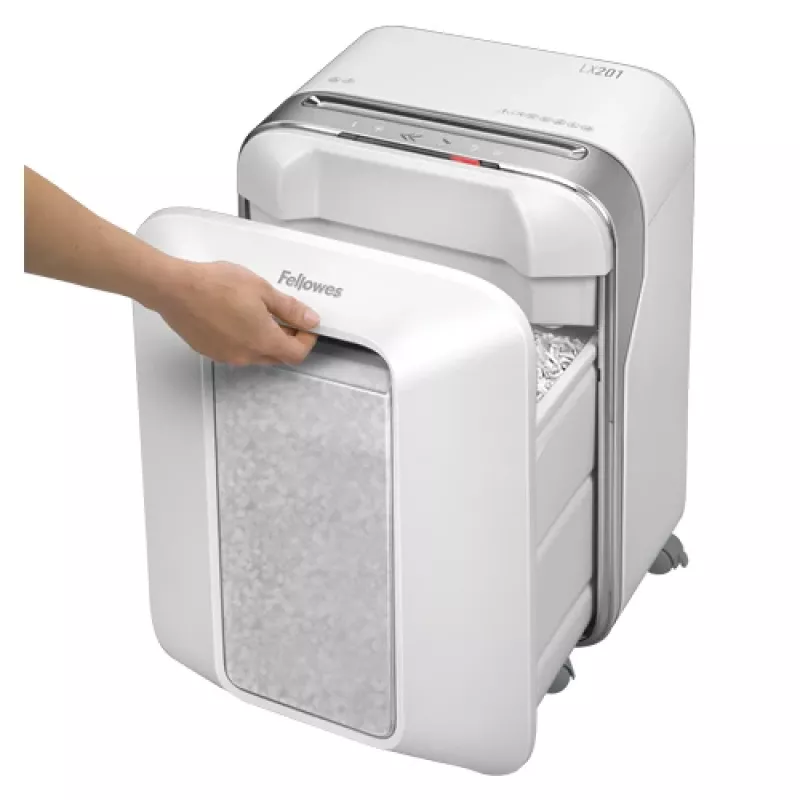 Fellowes Powershred LX201 Micro-Cut Shredder white, Micro-cut shredding, 23 cm, 2 x 12 mm, 22 L, Touch, 4 wheel(s)