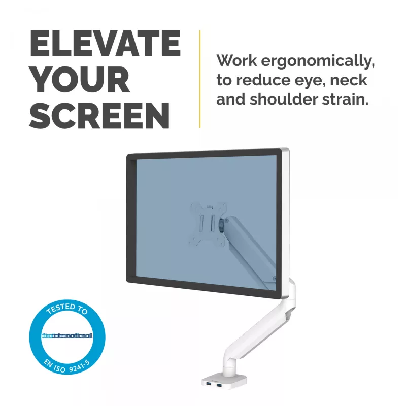 Fellowes Platinum Series Monitor Arm - Monitor Mount for 8KG 40 inch Screens - Adjustable Monitor Desk Mount - Tilt 45° Pan 180° Swivel 360° Rotation 360°, VESA 75 x 75/100 x 100 - White