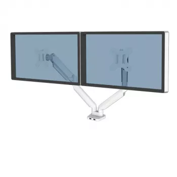 Fellowes Platinum Series Dual Monitor Arm - Monitor Mount for Two 8KG 40 inch Screens - Adjustable Dual Monitor Desk Mount - Tilt 45° Pan 180° Swivel 360° Rotation 360°, VESA 75 x 75/100 x 100 - White