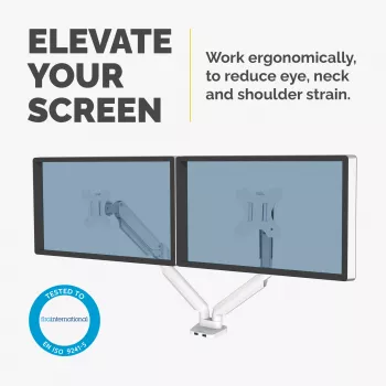 Fellowes Platinum Series Dual Monitor Arm - Monitor Mount for Two 8KG 40 inch Screens - Adjustable Dual Monitor Desk Mount - Tilt 45° Pan 180° Swivel 360° Rotation 360°, VESA 75 x 75/100 x 100 - White