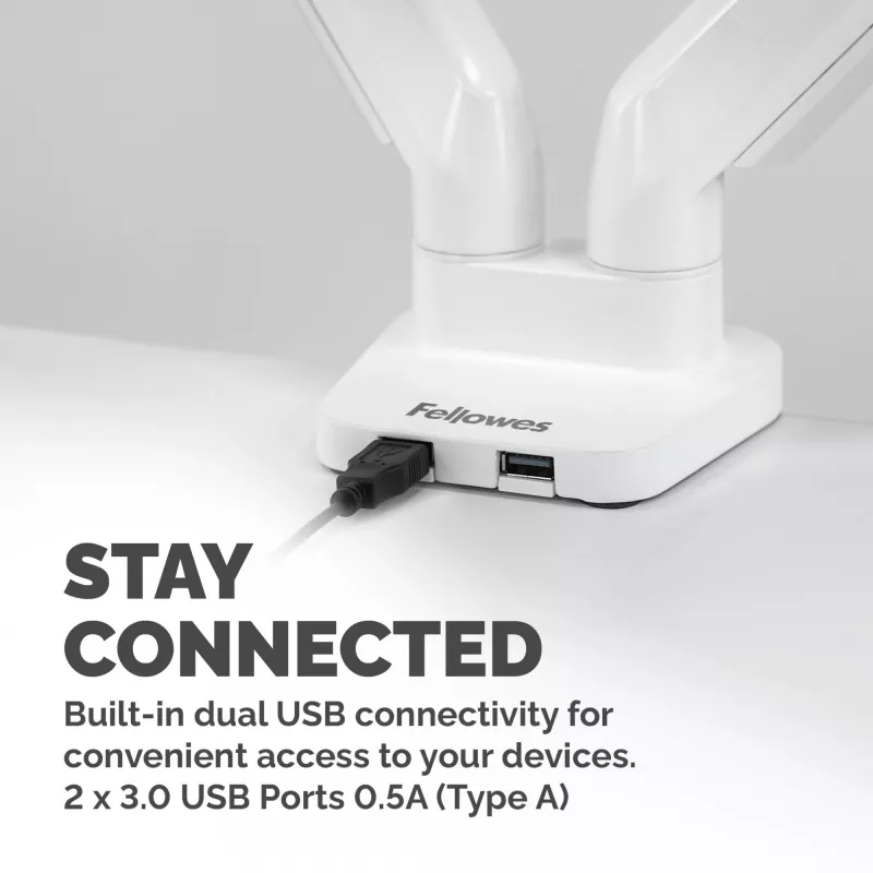 Fellowes Platinum Series Dual Monitor Arm - Monitor Mount for Two 8KG 40 inch Screens - Adjustable Dual Monitor Desk Mount - Tilt 45° Pan 180° Swivel 360° Rotation 360°, VESA 75 x 75/100 x 100 - White