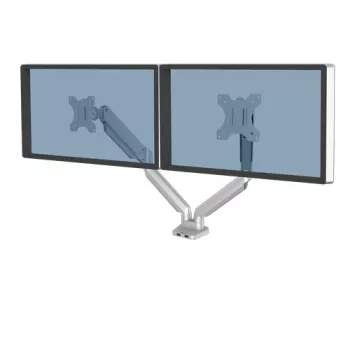 Fellowes Platinum Series Dual Monitor Arm - Monitor Mount for Two 8KG 40 inch Screens - Adjustable Dual Monitor Desk Mount - Tilt 45° Pan 180ᵒ Swivel 360ᵒ Rotation 360ᵒ, VESA 75 x 75/100 x 100 - Silver