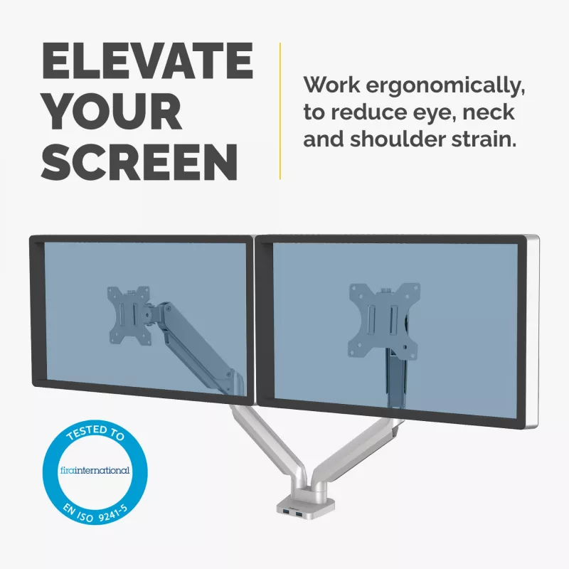 Fellowes Platinum Series Dual Monitor Arm - Monitor Mount for Two 8KG 40 inch Screens - Adjustable Dual Monitor Desk Mount - Tilt 45° Pan 180ᵒ Swivel 360ᵒ Rotation 360ᵒ, VESA 75 x 75/100 x 100 - Silver