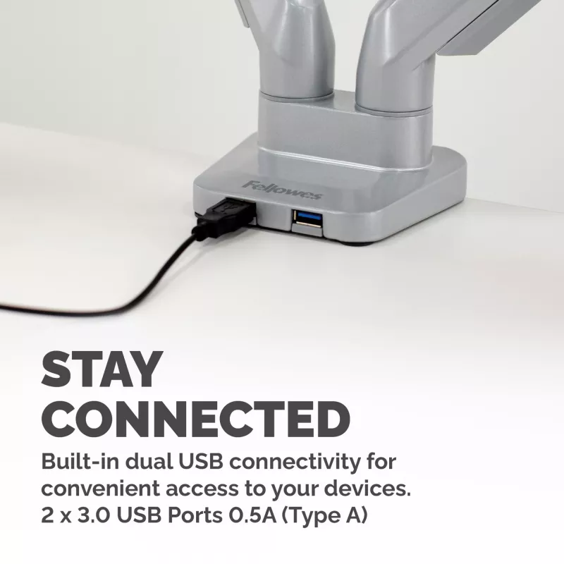 Fellowes Platinum Series Dual Monitor Arm - Monitor Mount for Two 8KG 40 inch Screens - Adjustable Dual Monitor Desk Mount - Tilt 45° Pan 180ᵒ Swivel 360ᵒ Rotation 360ᵒ, VESA 75 x 75/100 x 100 - Silver