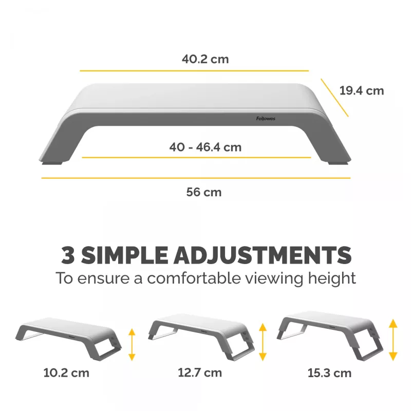 Fellowes Computer Monitor Stand with 3 Height Adjustments - Hana LT Monitor Riser - Ergonomic Adjustable Monitor Stand for Computers - Max Weight 22.6KG - White