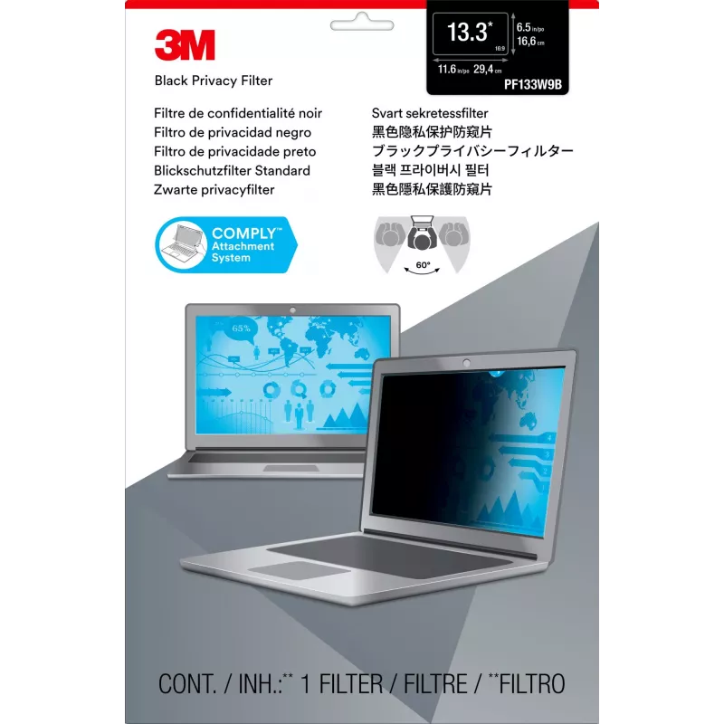 3M Privacy Filter for 13.3 inch Widescreen Laptop, 33.8 cm (13.3 inch), 16:9, Laptop, Frameless display privacy filter, Anti-glare