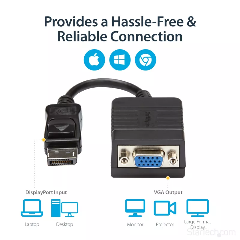 StarTech.com DisplayPort to VGA Adapter - Active DP to VGA Converter - 1080p Video - Durable - DP/DP++ Source to VGA Monitor Cable Adapter Dongle - DP 1.2 to VGA - Latching DP Connector