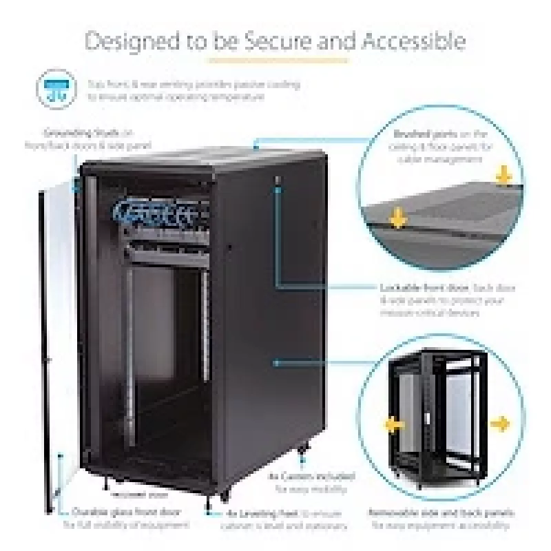 StarTech.com 4-Post 25U Server Rack Cabinet, Lockable 19 inch Data Rack Cabinet for Computer / AV / IT Equipment, Office / Home Network Rack with Casters & Adjustable Mounting Rails