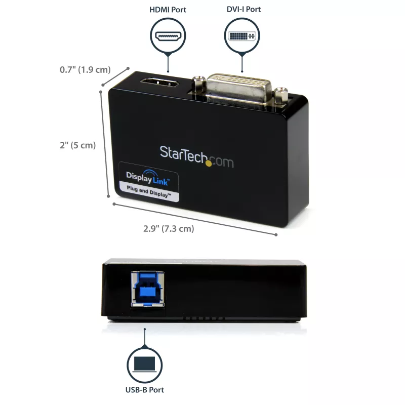 StarTech.com USB 3.0 to HDMI / DVI Adapter - 2048x1152, 3.2 Gen 1 (3.1 Gen 1), USB Type-B, DVI output, HDMI output, 2048 x 1152 pixels