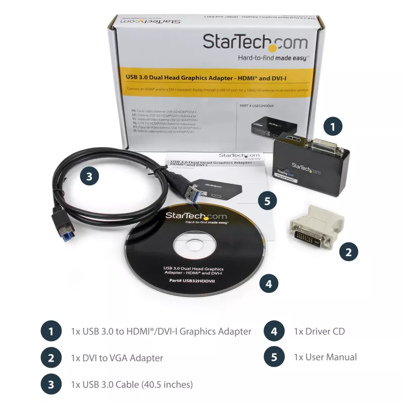 StarTech.com USB 3.0 to HDMI / DVI Adapter - 2048x1152, 3.2 Gen 1 (3.1 Gen 1), USB Type-B, DVI output, HDMI output, 2048 x 1152 pixels