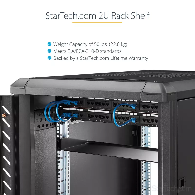 StarTech.com 2U Server Rack Shelf - Universal Rack Mount Cantilever Shelf for 19 inch Network Equipment Rack & Cabinet - Heavy Duty Steel – Weight Capacity 50lb/23kg - 22 inch Deep Tray, Black