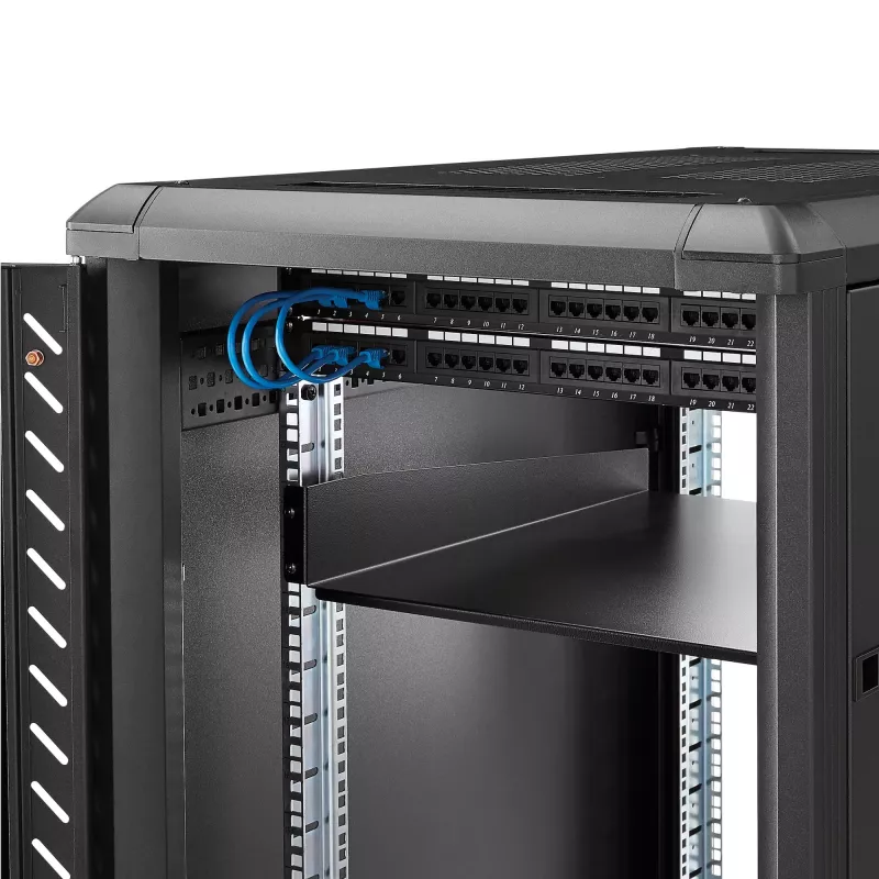 StarTech.com 2U Server Rack Shelf - Universal Rack Mount Cantilever Shelf for 19 inch Network Equipment Rack & Cabinet - Heavy Duty Steel – Weight Capacity 50lb/23kg - 22 inch Deep Tray, Black