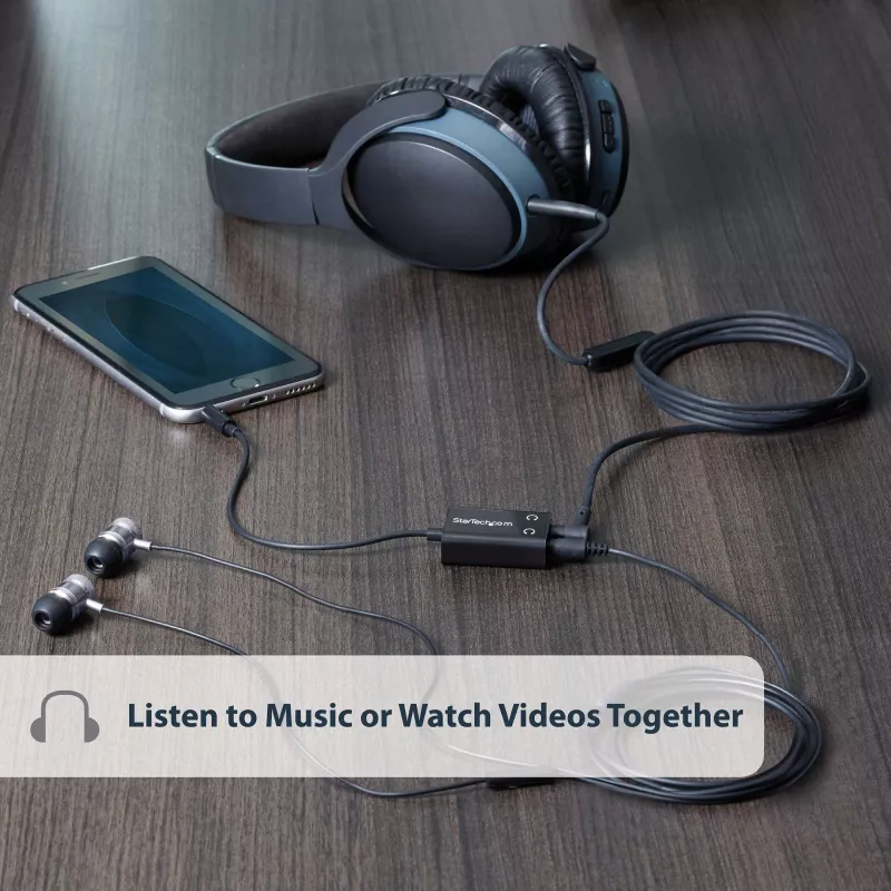 StarTech.com Black Slim Mini Jack Headphone Splitter Cable Adapter - 3.5mm Male to 2x 3.5mm Female