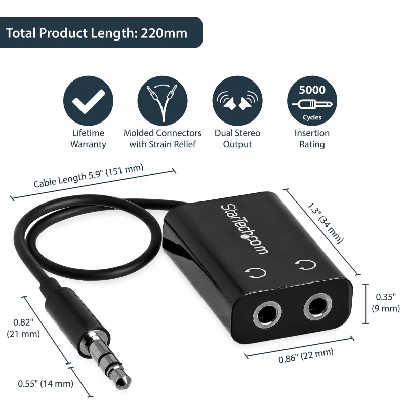 StarTech.com Black Slim Mini Jack Headphone Splitter Cable Adapter - 3.5mm Male to 2x 3.5mm Female