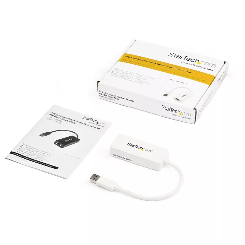 StarTech.com USB 3.0 to Gigabit Ethernet Adapter NIC w/ USB Port - White