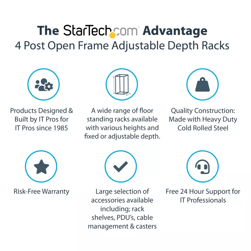 StarTech.com 4-Post 42U Mobile Open Frame Server Rack, Four Post 19 inch Network Rack with Wheels, Rolling Rack with Adjustable Depth for Computer/AV/Data/IT Equipment - Casters, Leveling Feet or Floor Mounting