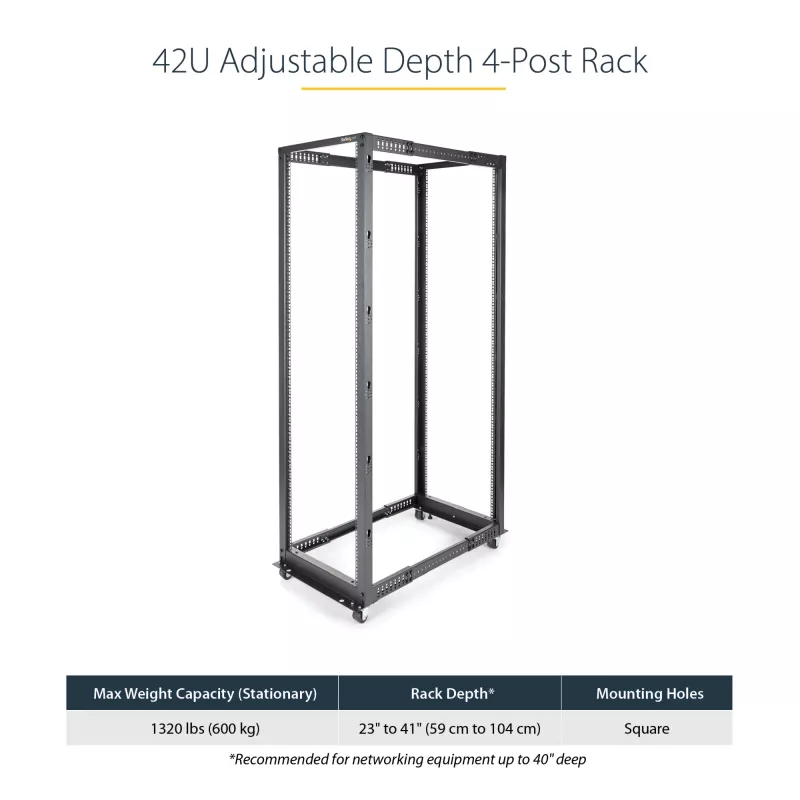 StarTech.com 4-Post 42U Mobile Open Frame Server Rack, Four Post 19 inch Network Rack with Wheels, Rolling Rack with Adjustable Depth for Computer/AV/Data/IT Equipment - Casters, Leveling Feet or Floor Mounting
