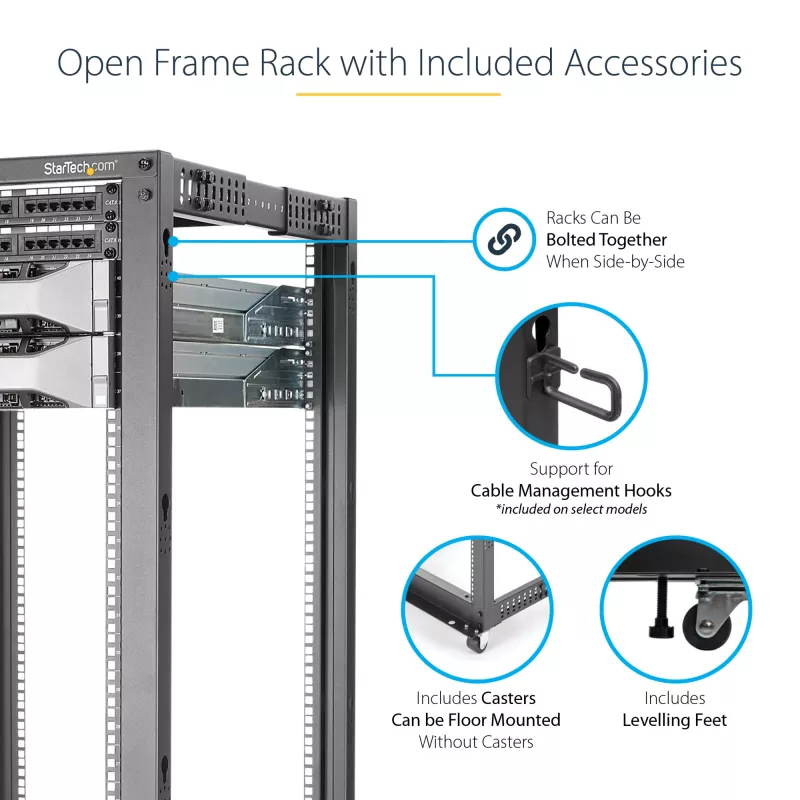 StarTech.com 4-Post 42U Mobile Open Frame Server Rack, Four Post 19 inch Network Rack with Wheels, Rolling Rack with Adjustable Depth for Computer/AV/Data/IT Equipment - Casters, Leveling Feet or Floor Mounting