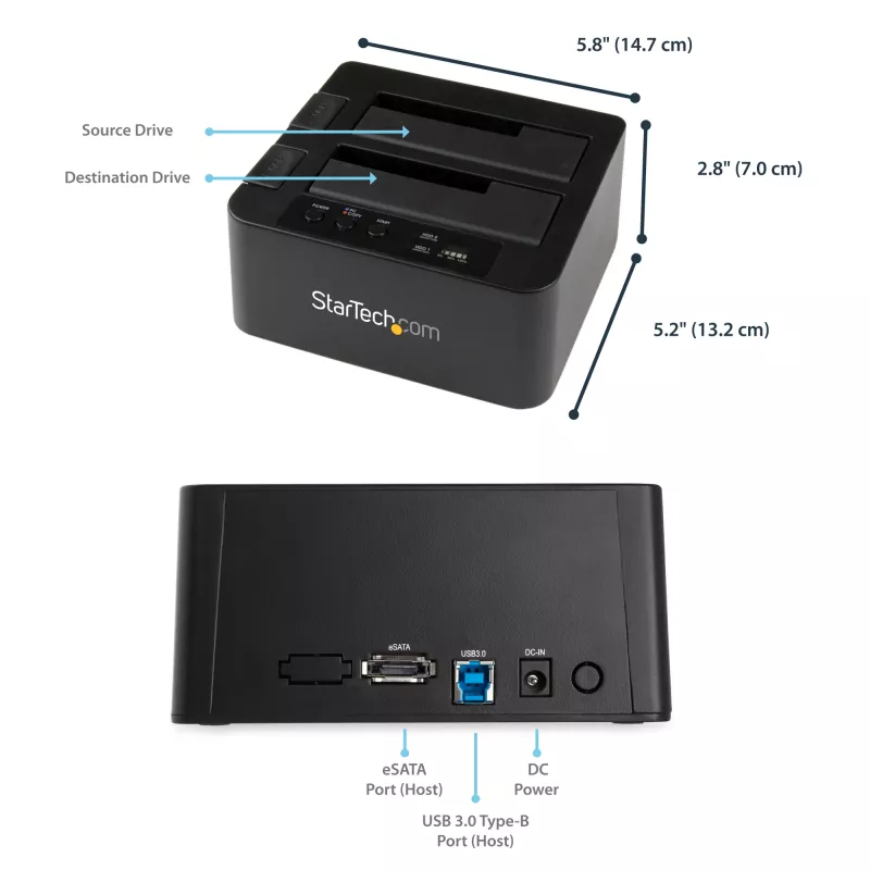 StarTech.com Dual Bay Hard Drive Duplicator, Standalone USB 3.0 (5 Gbps) / eSATA to 2.5/3.5 inch SATA III HDD/SSD Cloner/Copier, Hard Drive Docking Station, Hard Disk Cloner