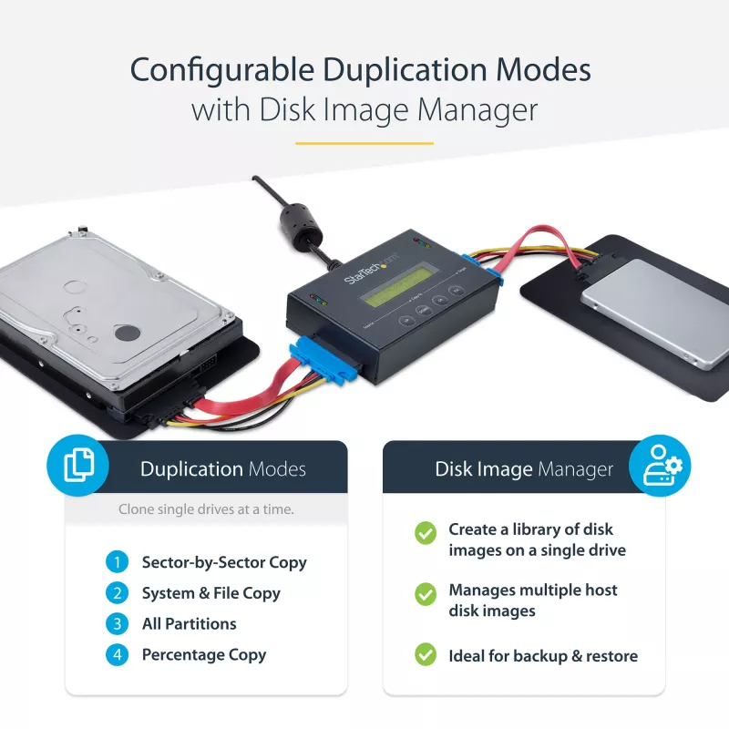 StarTech.com 1:1 Standalone Hard Drive Duplicator with Disk Image Manager For Backup and Restore, Store Several Disk Images on one 2.5/3.5 inch SATA Drive, HDD/SSD Cloner, No PC Required