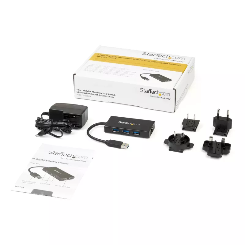 StarTech.com 3-Port Portable USB 3.0 Hub plus Gigabit Ethernet - Aluminum with Built-in Cable~3-Port Portable USB 3.0 Hub plus Gigabit Ethernet - 5Gbps - Aluminum with Built-in Cable