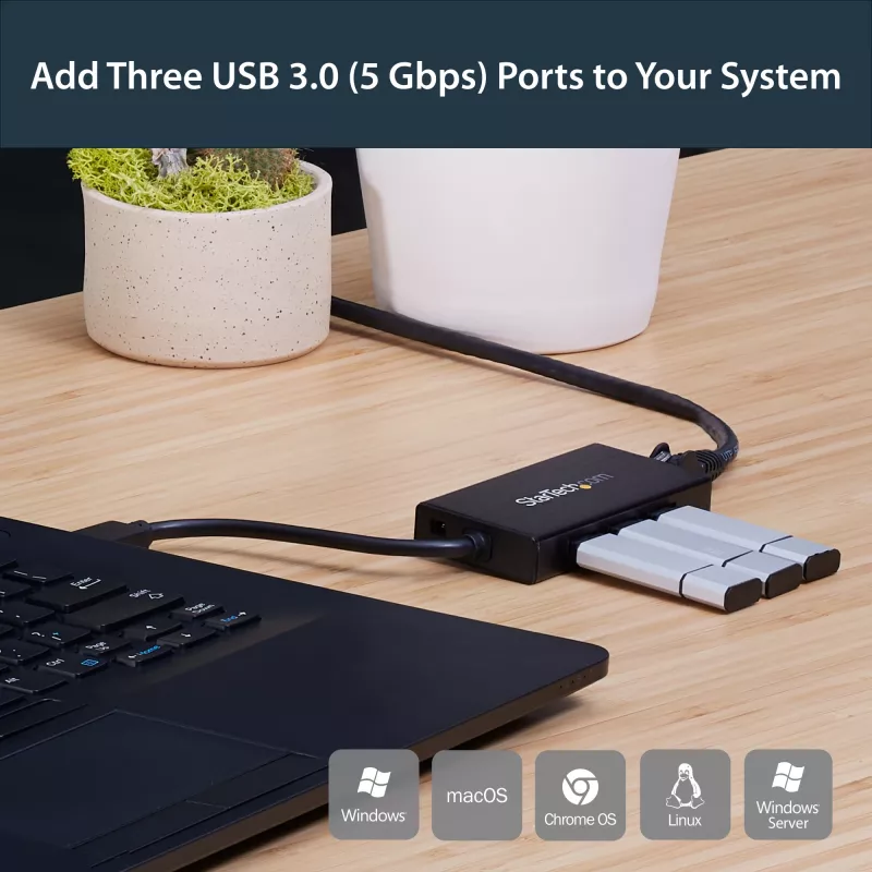 StarTech.com 3-Port Portable USB 3.0 Hub plus Gigabit Ethernet - Aluminum with Built-in Cable~3-Port Portable USB 3.0 Hub plus Gigabit Ethernet - 5Gbps - Aluminum with Built-in Cable