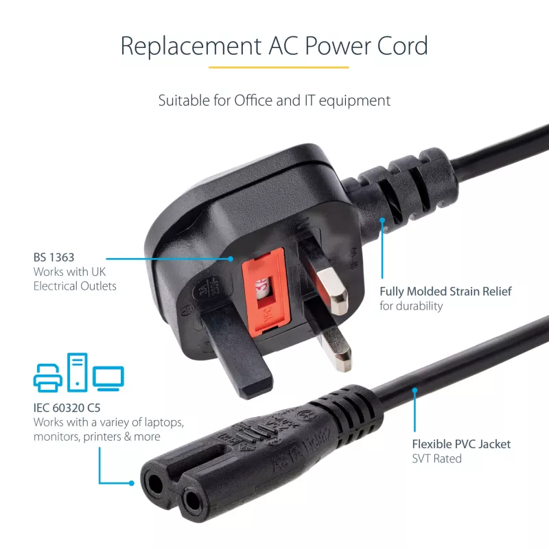 StarTech.com 3ft (1m) UK Laptop Power Cable, BS 1363 to C7, 2.5A 250V, 18AWG, Black, UK Laptop Replacement Cord, Printer Power Cable, AC Laptop Charger Cord, Laptop Power Brick Cord