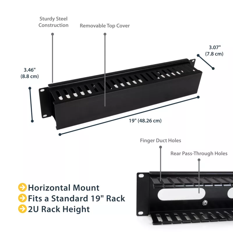 StarTech.com Horizontal 2U Server Rack Cable Management Finger Duct w/ Cover - 19 inch Network Rack Wire Duct Raceway Panel - Slotted Wire Duct