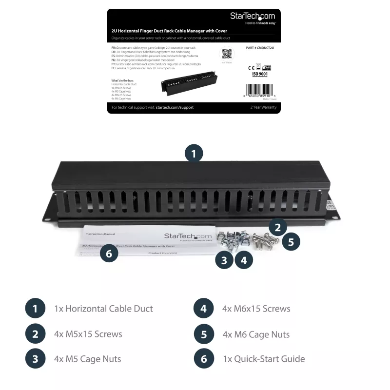 StarTech.com Horizontal 2U Server Rack Cable Management Finger Duct w/ Cover - 19 inch Network Rack Wire Duct Raceway Panel - Slotted Wire Duct