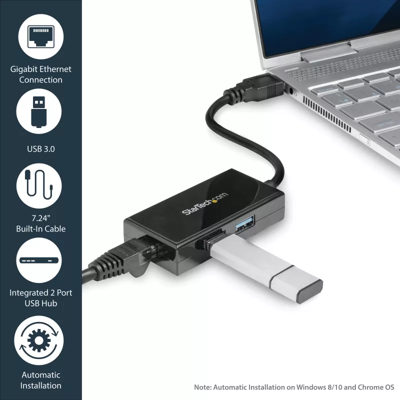 StarTech.com USB to Ethernet Adapter, USB 3.0 to 10/100/1000 Gigabit Ethernet LAN Converter for Laptops, 11.8in/30cm Attached Cable, USB to RJ45 Adapter, NIC Adapter, USB Network Adapter