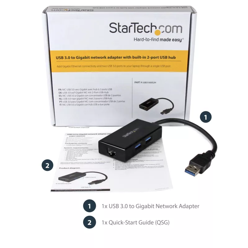 StarTech.com USB to Ethernet Adapter, USB 3.0 to 10/100/1000 Gigabit Ethernet LAN Converter for Laptops, 11.8in/30cm Attached Cable, USB to RJ45 Adapter, NIC Adapter, USB Network Adapter