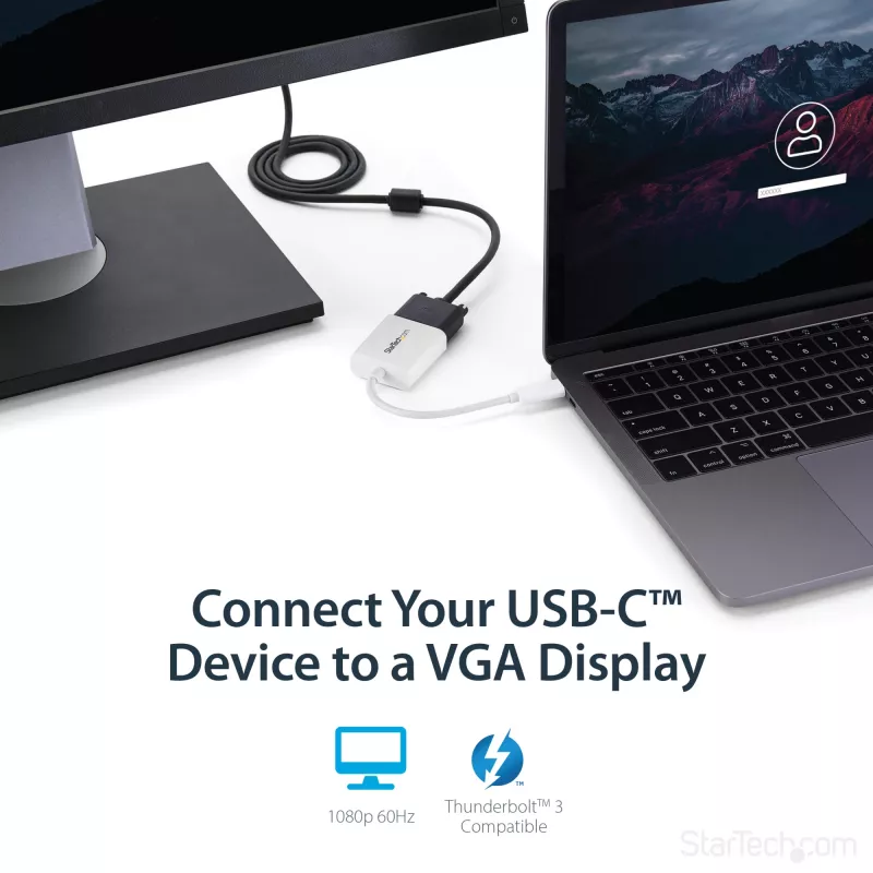 StarTech.com USB-C to VGA Adapter - White, 3.2 Gen 1 (3.1 Gen 1), USB Type-C, VGA (D-Sub) output, 1920 x 1200 pixels