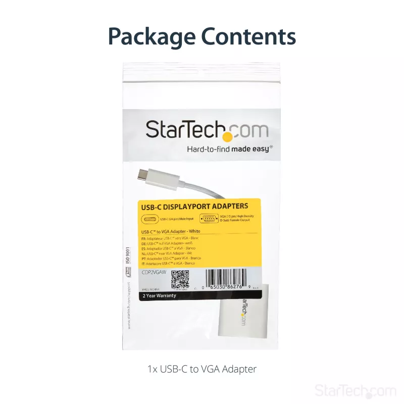 StarTech.com USB-C to VGA Adapter - White, 3.2 Gen 1 (3.1 Gen 1), USB Type-C, VGA (D-Sub) output, 1920 x 1200 pixels