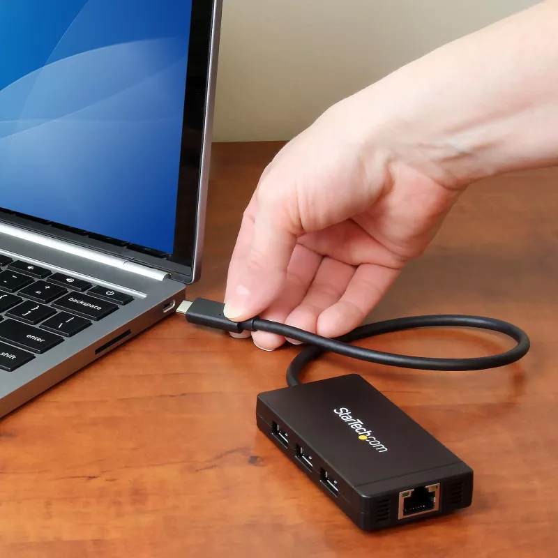 StarTech.com 3-Port USB 3.0 Hub plus Gigabit Ethernet - USB-C - Includes Power Adapter~3-Port USB-C Hub with Gigabit Ethernet - USB-C to 3x USB-A - USB 3.0 (5Gbps) - Includes Power Adapter