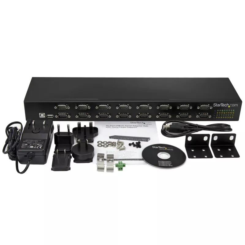 StarTech.com 16-Port USB-to-Serial Adapter Hub, USB 2.0 Type-B, Serial, 480 Mbit/s, Black, Steel, 36 W