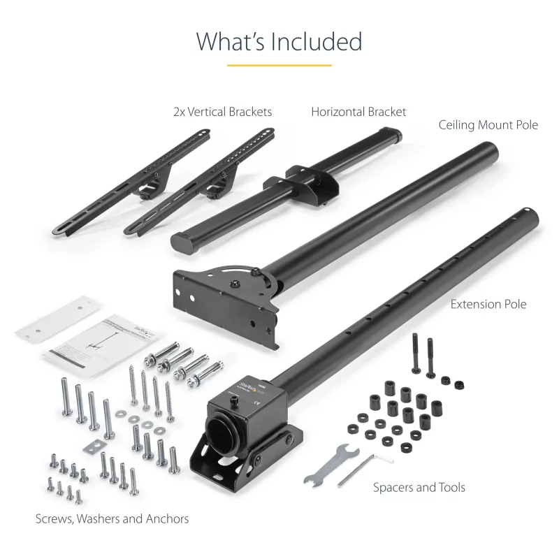 StarTech.com TV Ceiling Mount - Full-Motion Universal Hanging Single Screen Mount with Adjustable Telescopic Pole - Tilt / Swivel - VESA Bracket for 32”-75 inch Displays
