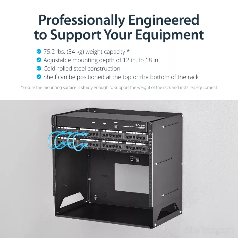 StarTech.com Wall-Mount Server Rack with Built-in Shelf - Solid Steel - 8U