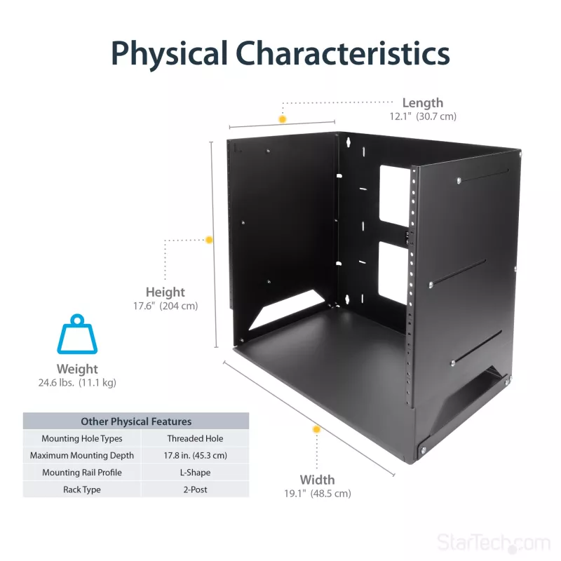 StarTech.com Wall-Mount Server Rack with Built-in Shelf - Solid Steel - 8U