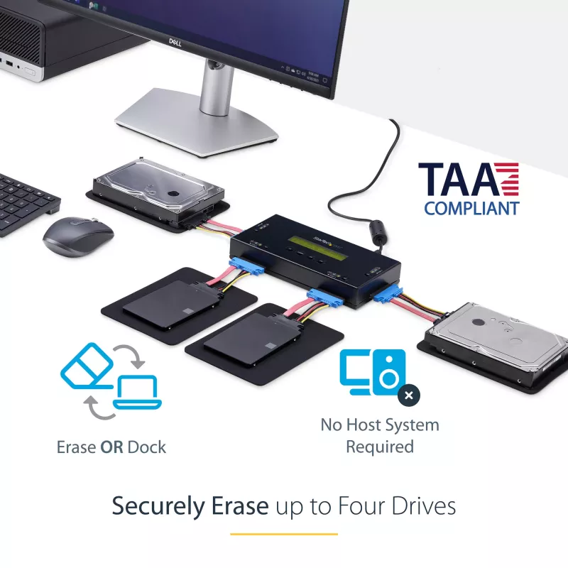 StarTech.com 4 Bay SSD/HDD Hard Drive Eraser - 2.5 inch & 3.5 inch SATA - Hostless Standalone Secure Erase External Disk Sanitizer - 9 Erase Modes - RS232 Printer Port - NIST/DOD & TAA Compliant