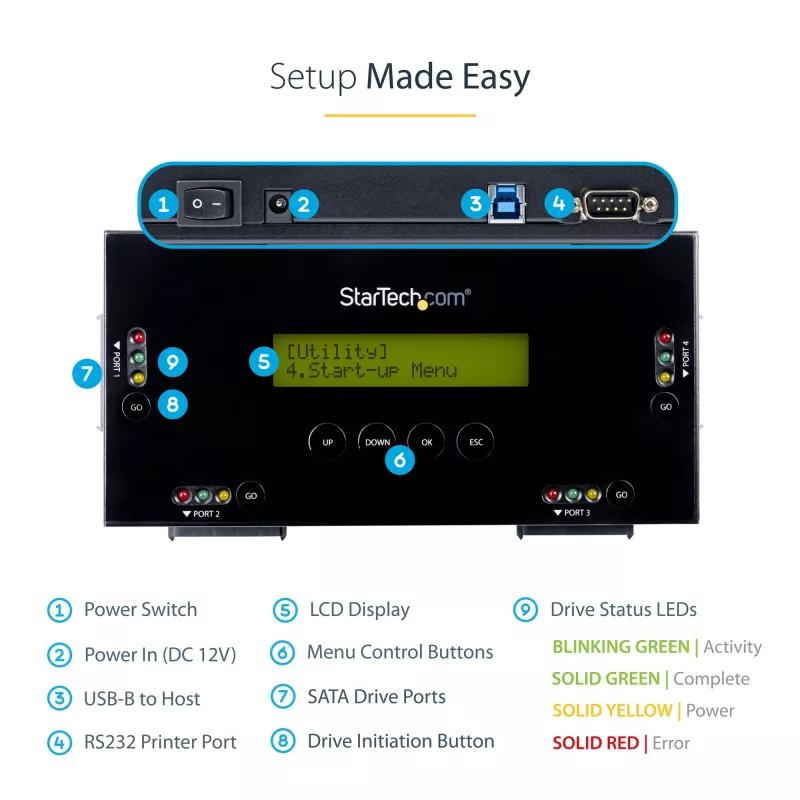 StarTech.com 4 Bay SSD/HDD Hard Drive Eraser - 2.5 inch & 3.5 inch SATA - Hostless Standalone Secure Erase External Disk Sanitizer - 9 Erase Modes - RS232 Printer Port - NIST/DOD & TAA Compliant