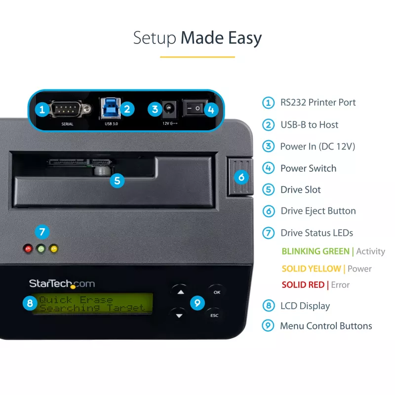 StarTech.com Single Bay Hard Drive Eraser, Standalone HDD/SSD Sanitizer, 4Kn, USB 3.0 to SATA III (6 Gbps), 9 Erase Modes, LCD Display, Secure Erase Hard Disk Sanitizer Dock, DB-9 Printer Port, TAA Compliant