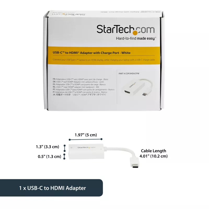 StarTech.com USB C to HDMI 2.0 Adapter with Power Delivery - 4K 60Hz USB Type-C to HDMI Display Video Converter - 60W PD Pass-Through Charging Port - Thunderbolt 3 Compatible - White