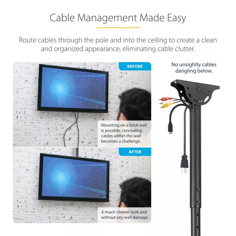 StarTech.com TV Ceiling Mount - Full-Motion Universal Hanging Single Screen Mount with Adjustable Telescopic Short Pole - Tilt / Swivel - VESA Bracket for 32”-75 inch Displays