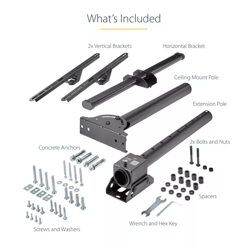 StarTech.com TV Ceiling Mount - Full-Motion Universal Hanging Single Screen Mount with Adjustable Telescopic Short Pole - Tilt / Swivel - VESA Bracket for 32”-75 inch Displays