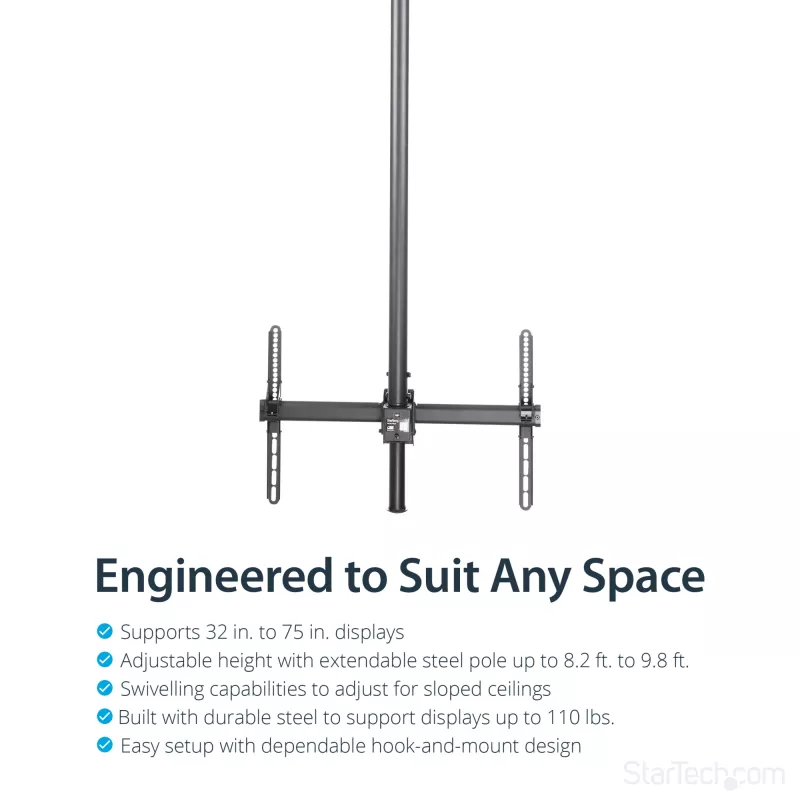 StarTech.com TV Ceiling Mount - Full-Motion Universal Hanging Single Screen Mount with Adjustable Telescopic Long Pole - Tilt / Swivel - VESA Bracket for 32”-75 inch Displays