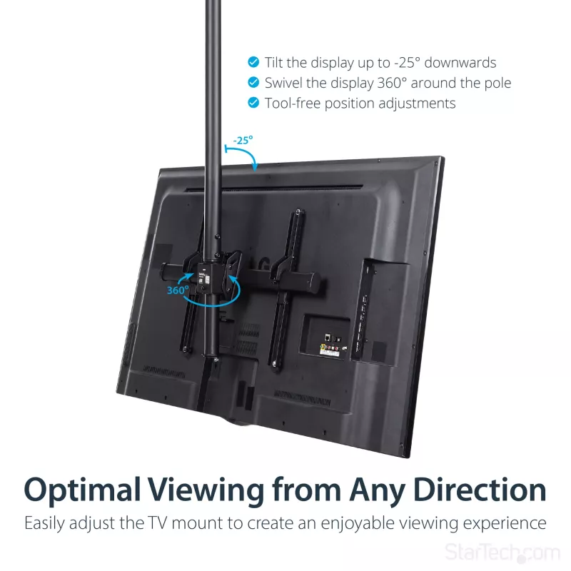 StarTech.com TV Ceiling Mount - Full-Motion Universal Hanging Single Screen Mount with Adjustable Telescopic Long Pole - Tilt / Swivel - VESA Bracket for 32”-75 inch Displays