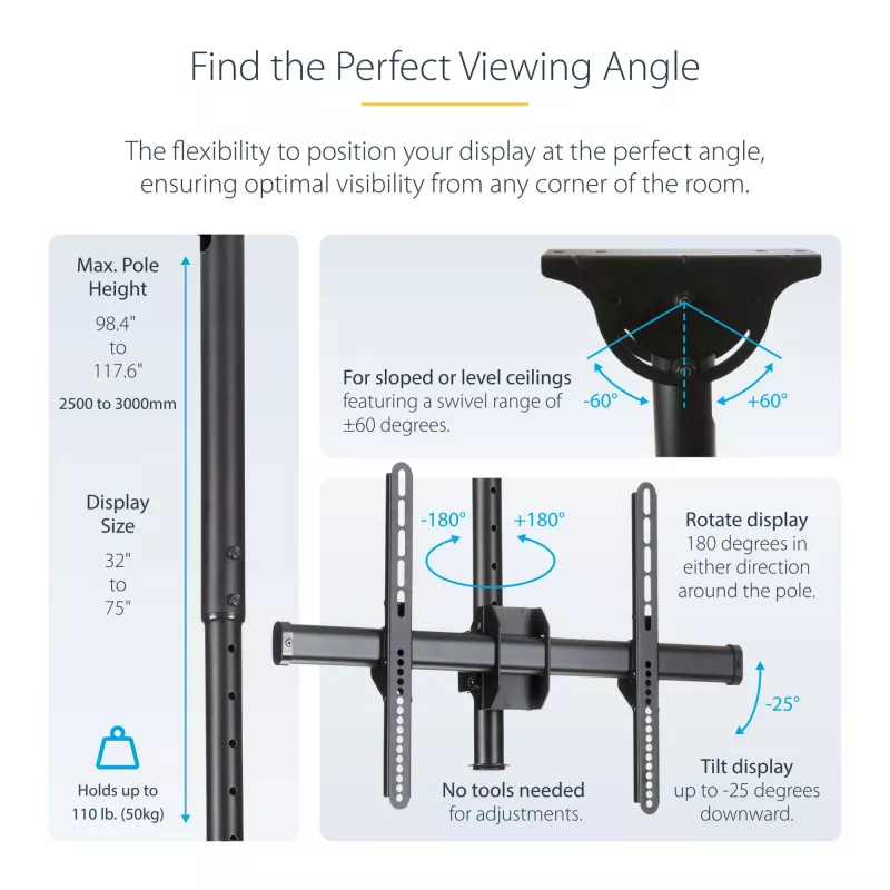StarTech.com TV Ceiling Mount - Full-Motion Universal Hanging Single Screen Mount with Adjustable Telescopic Long Pole - Tilt / Swivel - VESA Bracket for 32”-75 inch Displays