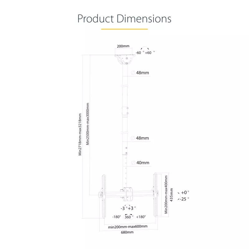 StarTech.com TV Ceiling Mount - Full-Motion Universal Hanging Single Screen Mount with Adjustable Telescopic Long Pole - Tilt / Swivel - VESA Bracket for 32”-75 inch Displays