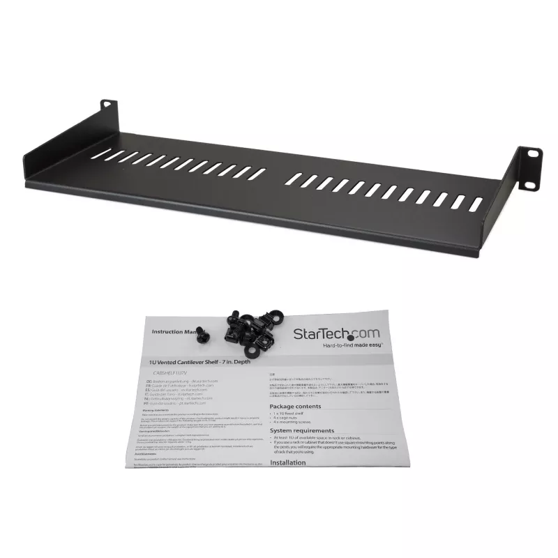 StarTech.com 1U Server Rack Shelf - Universal Vented Rack Mount Cantilever Tray for 19 inch Network Equipment Rack & Cabinet - Heavy Duty Steel – Weight Capacity 44lb/20kg - 7 inch Deep Shelf, Black